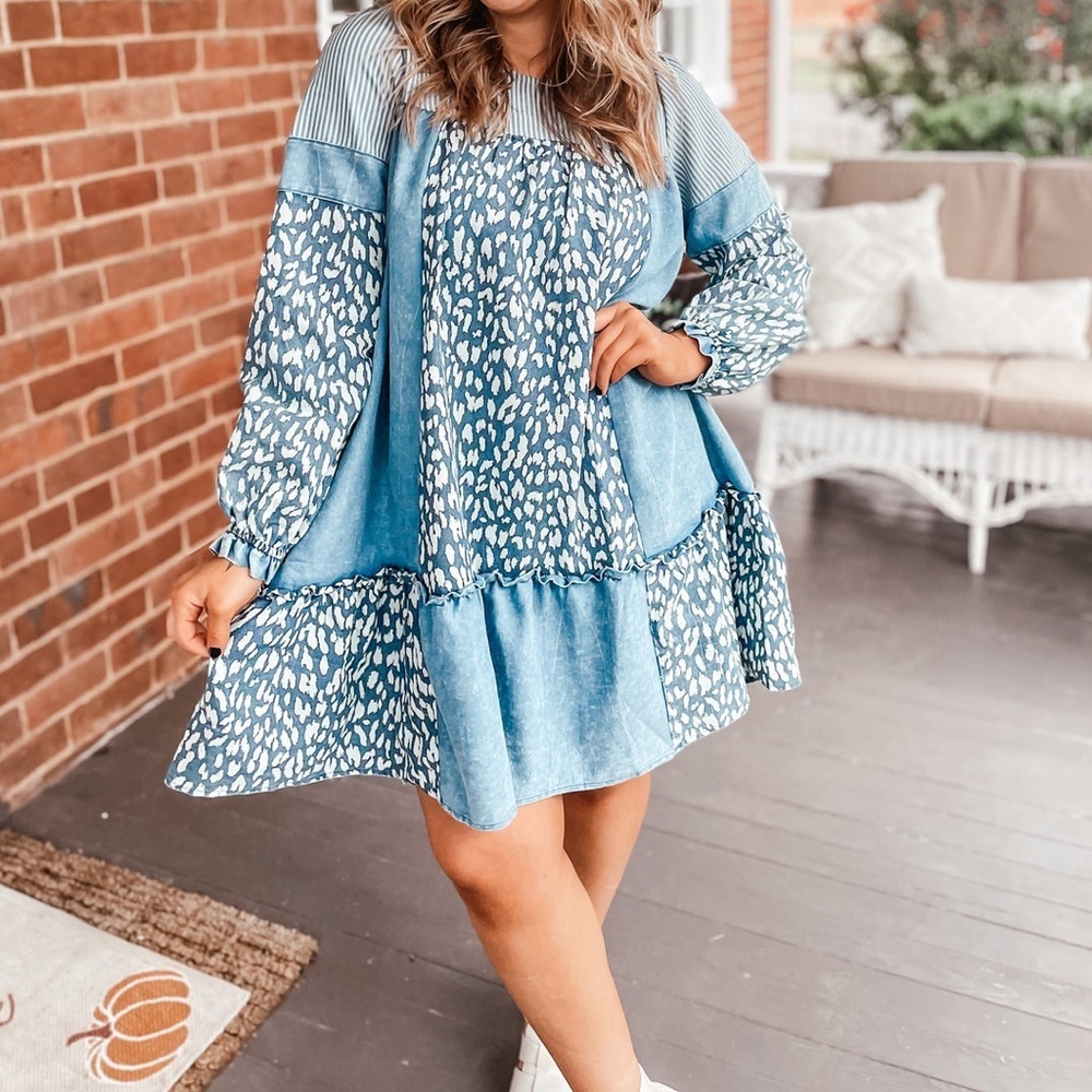 Light Blue Printed Tiered Long Sleeve Dress